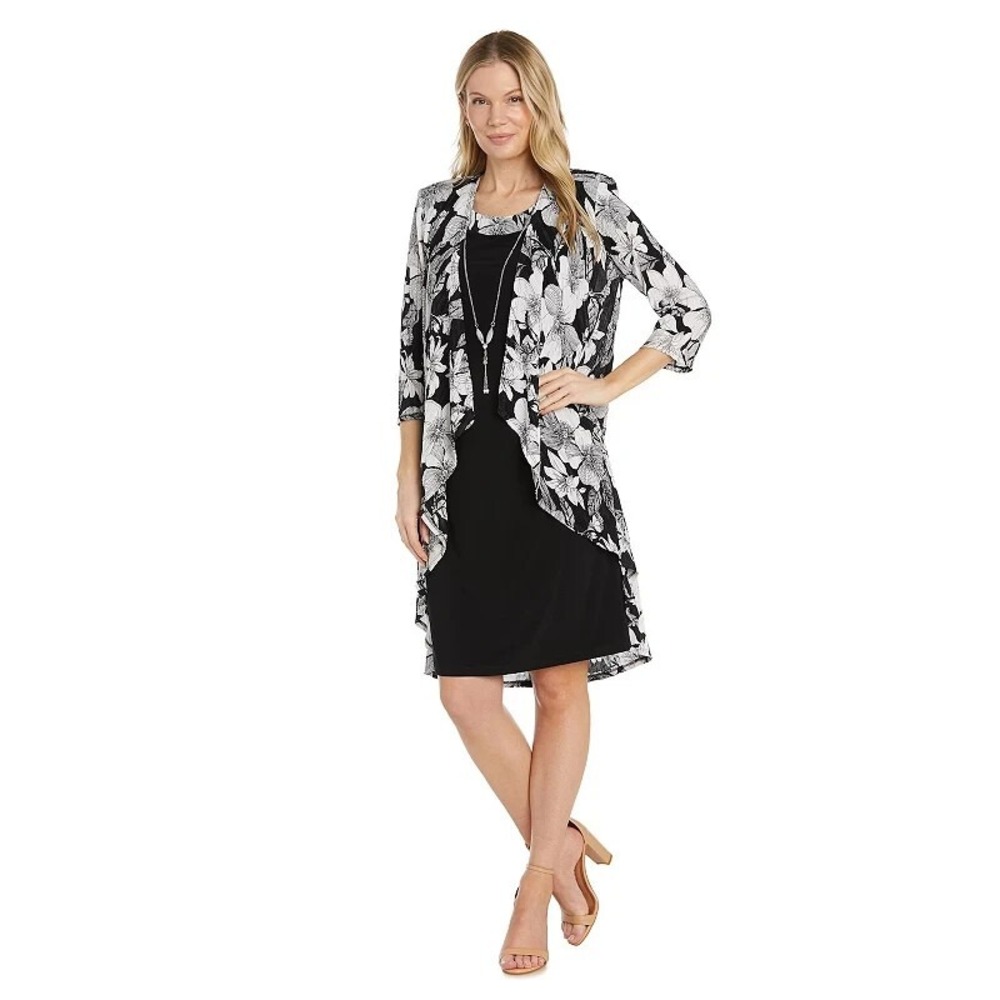 R&M Richards Womens 2pc‎ Dress Set Jacket Floral Black White Petite 6P 1289P